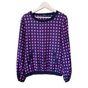 Kal Rieman Silk Geometric Checkered Print Pullover Blouse Pink, Black Size L